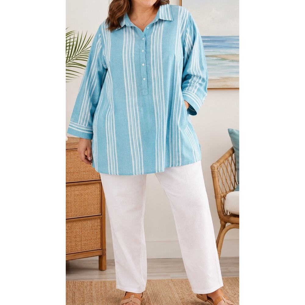 Woman Within 5X Aqua White Striped Tunic Blouse Coastal Button Front Plus Size